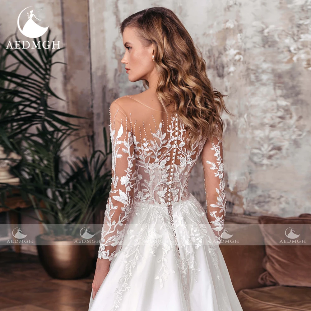 Aedmgh A-Line Elegant Wedding Dresses 2024 O-Neck Long Sleeve Vestido De Novia Lace Beaded Appliques Sweep Train Robe De Mariee