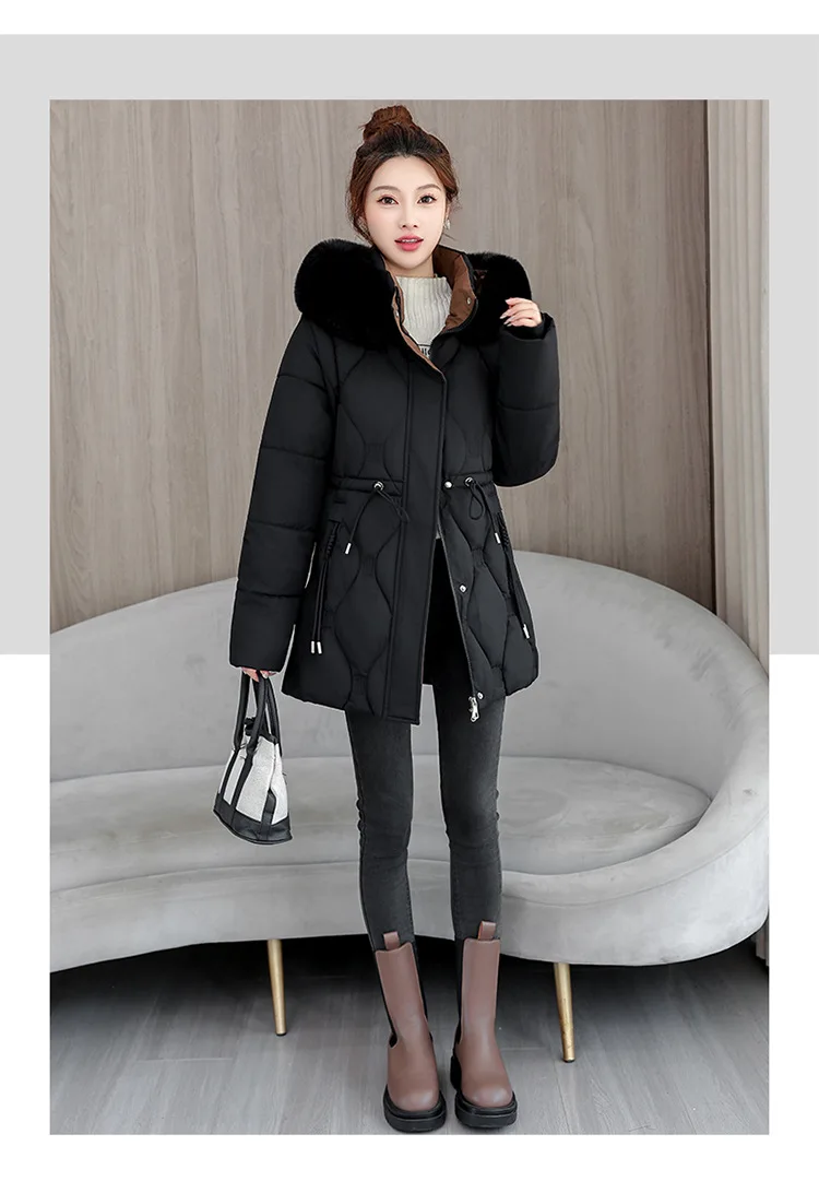 Simple Solid Color Large Fur Collar Hooded Removable Long-sleeved Down Cotton Jacket Women's 2025 Winter Thickened Warm Jacket