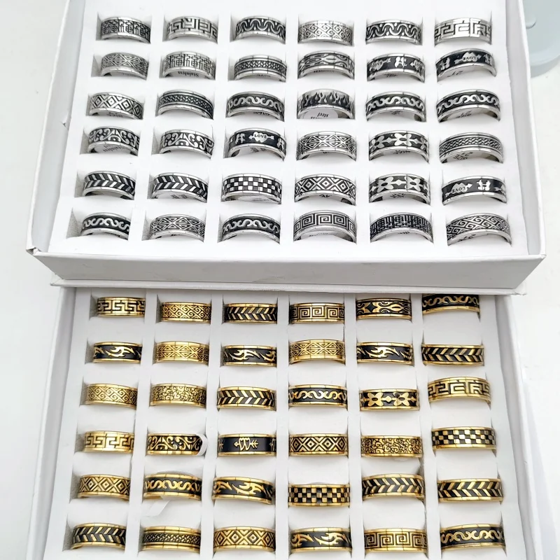 12pcs Wholesale Fashion NEW Stainless Steel Rings for Men Fashion Jewelry Black Geometric Pattern Holiday Gift Punk Style