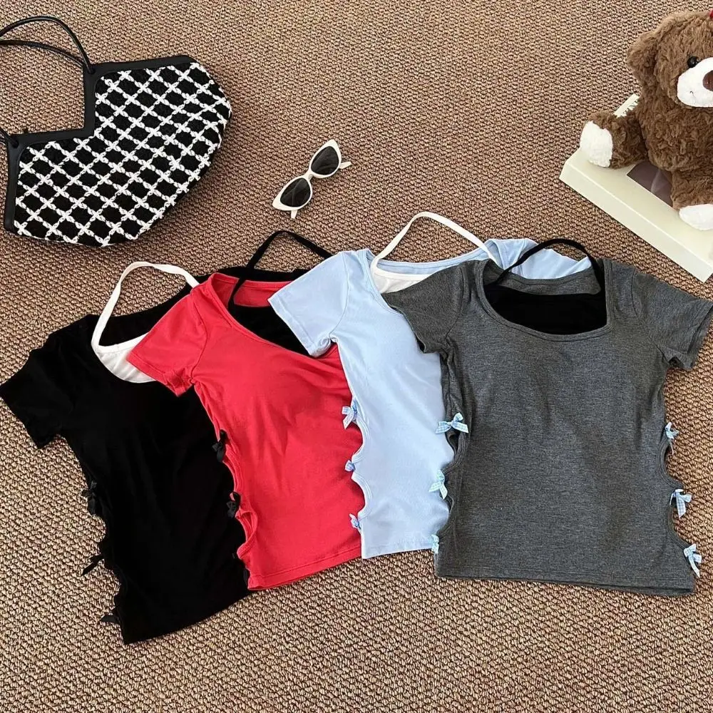 

Chic Bowknot Fake Two Pieces T-shirt Hollow Slim Fit Halter T-shirt Women Undershirts with Pads Y2K Crop Tops Summer