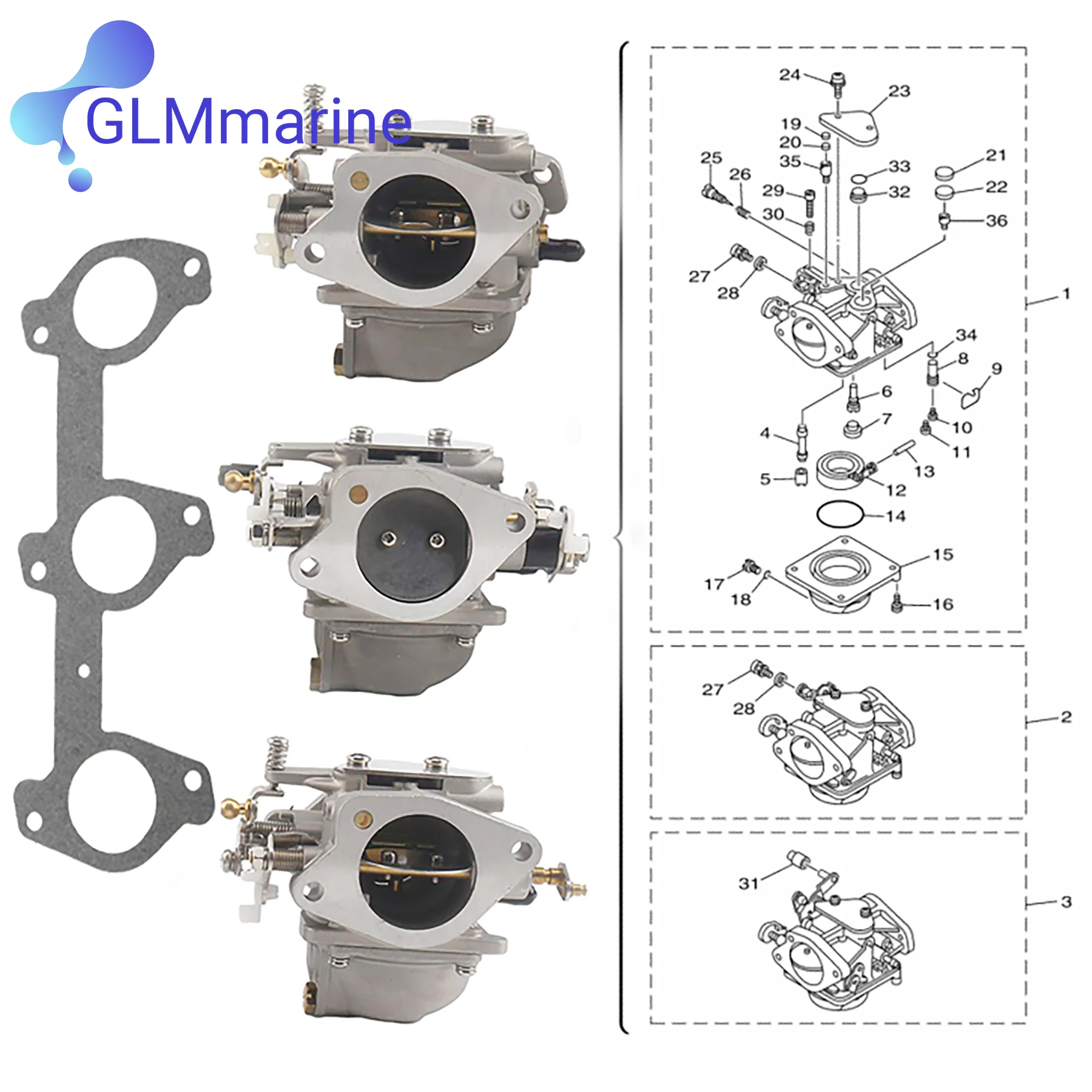 3 Pcs Carburetor Assy W/ Gasket Fits Yamaha 2 Stroke 60HP E60H Outboard Engines 6K5-14301-10 6K5-14302-10 6K5-14303-10