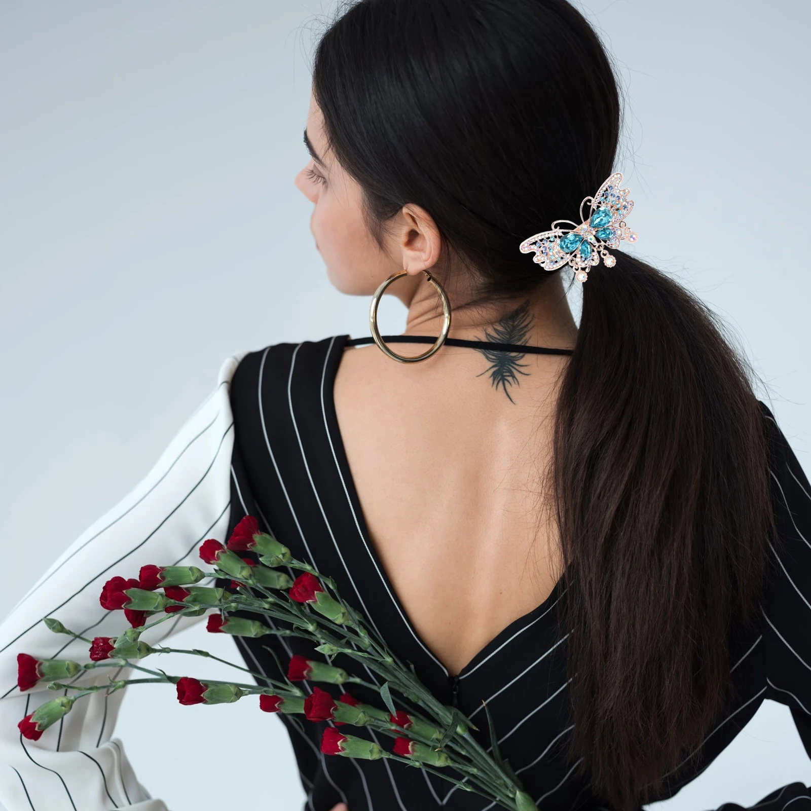 

2Pcs Crystal Hairpin Rhinestone Barrettes Ponytail Holders Clips for Girls Blue Fashion Accessories Automatic Metal Bow Hair