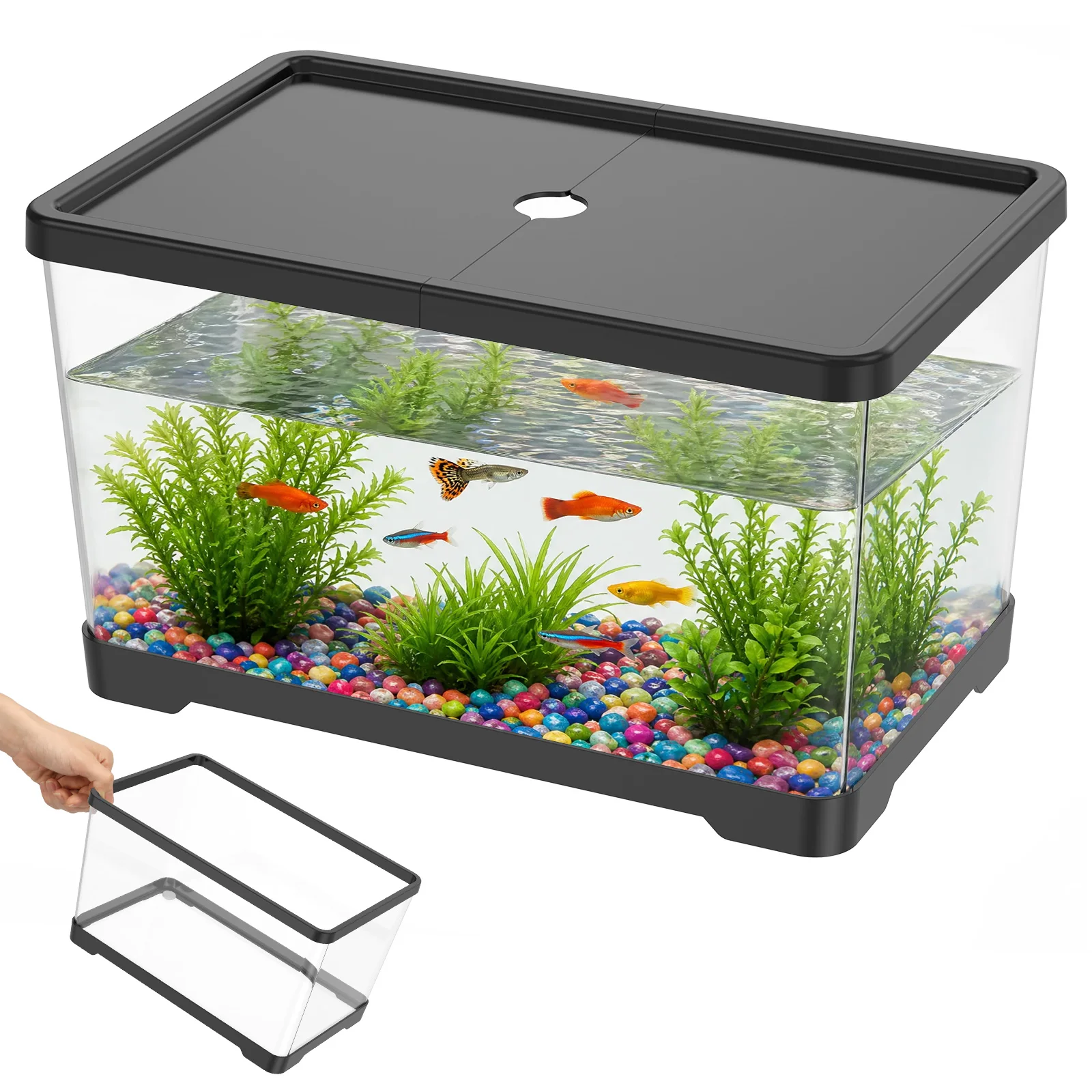 Transparent Fish Tank Aquarium with cover Desktop Rectangular Water Plant Pets Tank for Office Home Decor