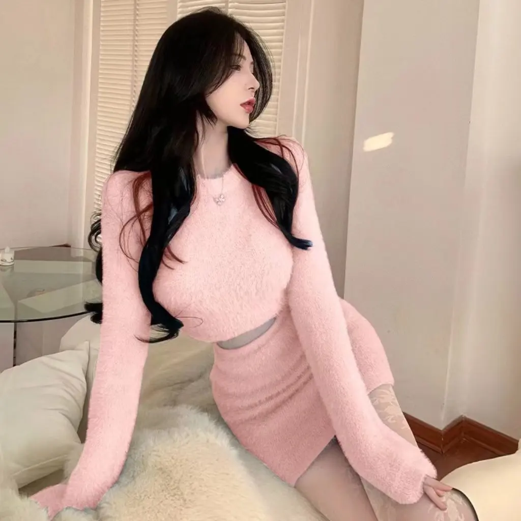 Maglione lavorato a maglia slim fit stile coreano e gonna aderente Set in due pezzi Elegante intimo snellente per l'autunno/inverno