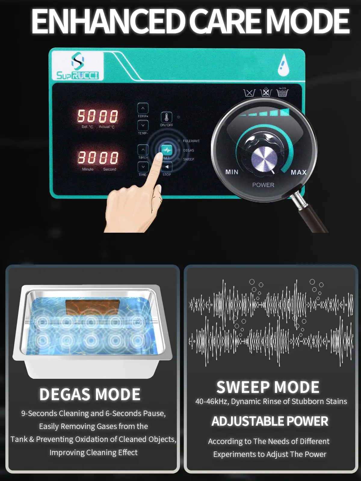 37.5L Ultrasonic Cleaner, Adjustable Power Sweep & Degas Sonic Part Cleaner