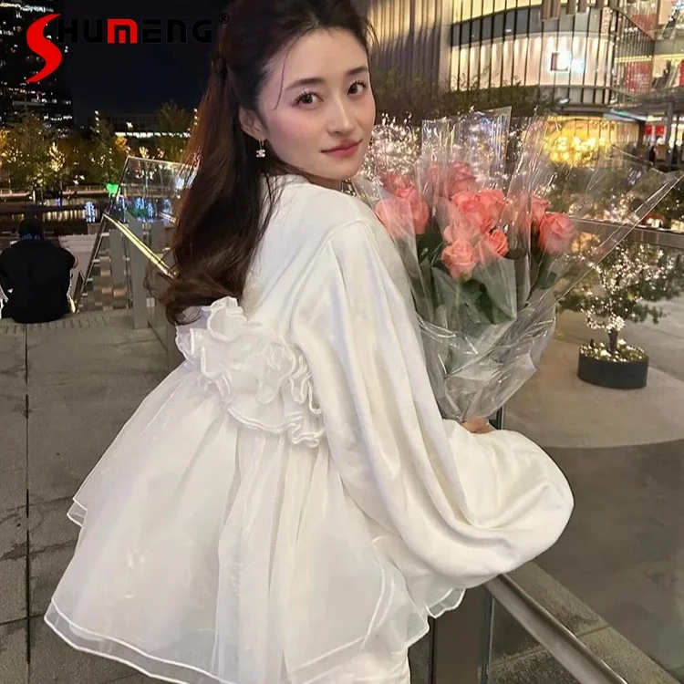 

Japanese Sweet Multi-layer Pleated Fluffy Tulle Splicing Long Sleeve Sweatshirt Crew Neck Women's Spring Fall Casual Hoodie Tops