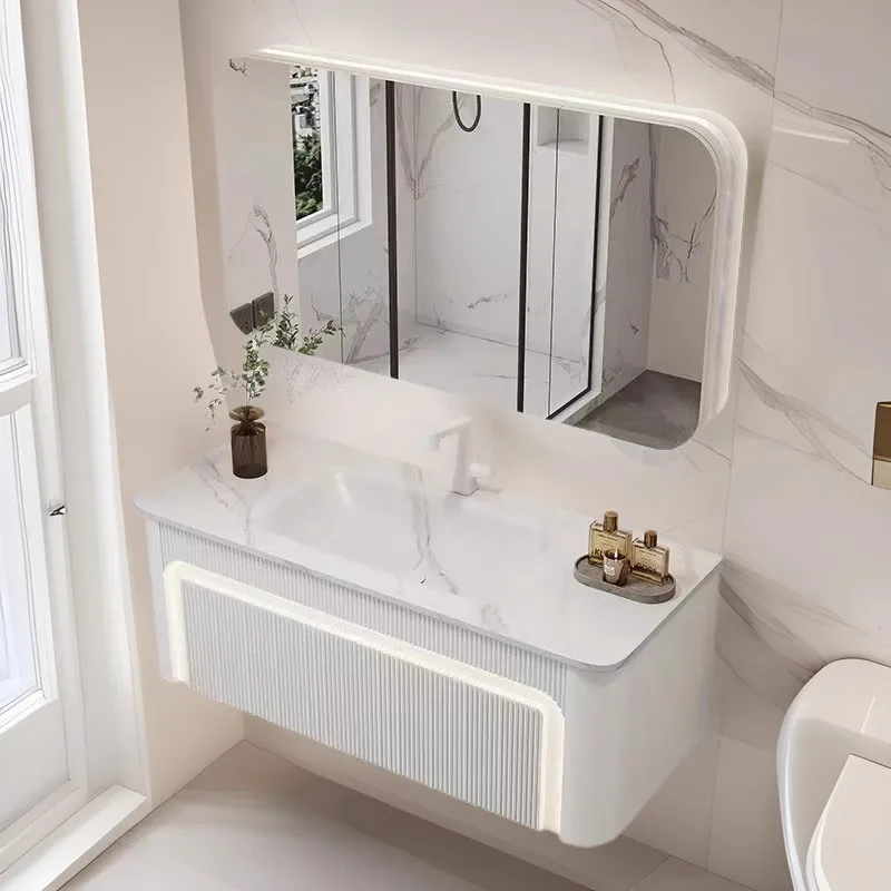 Bathroom cabinet combination light luxury simple wash basin cabinet rock slab hot bending integrated washbasin