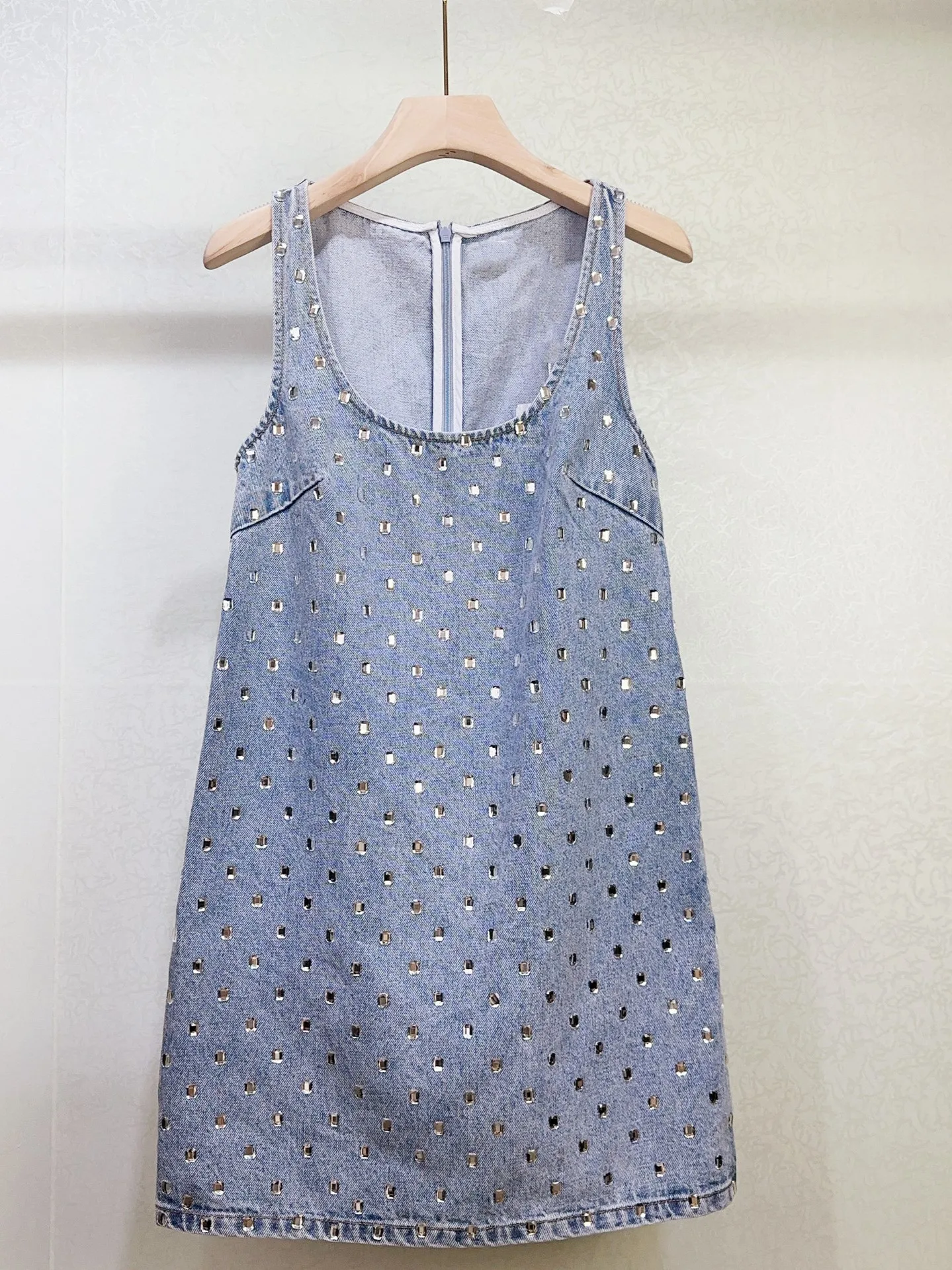 Rhinestone Decoration Women Denim Dress Sleeveless Round Neck A-Line Fashion Summer 2024 Mini Robe