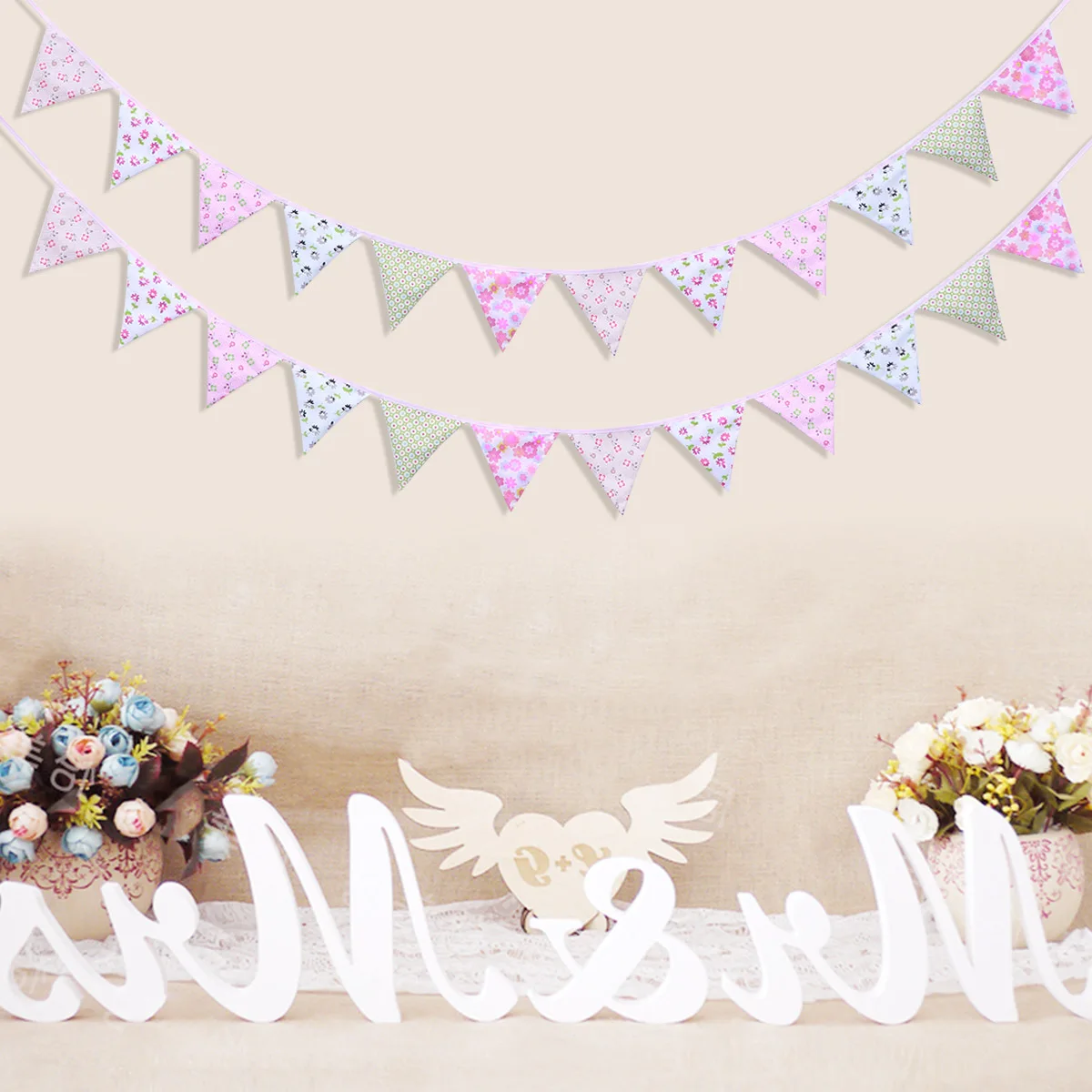 

Pennant Flags Banner Cotton Fabric Bunting Garland Triangle Decorative Dots Party Wedding Birthday Shower Home