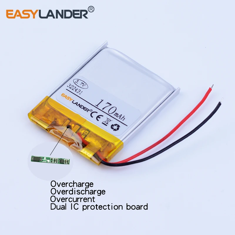 322431 3.7V 170mAh Rechargeable li Polymer  Battery For MP3 MP4 MP5 Nike Sportwatch  EEMB LP322431 DVR GPS speaker B&K332430
