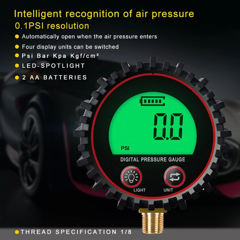 مقياس ضغط الإطارات الرقمي وحدات متعددة Kpa Bar kgf cm² رن إلى 255psi انخفاض الشحن