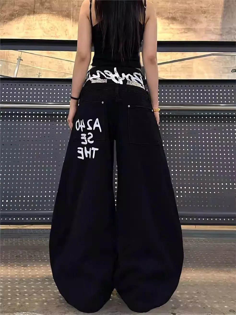 

American Trendy Brand High Waist Wide Leg Denim Jeans Women's Graffiti Letter Splicing Slimming plus Size Casual Cotton Pants