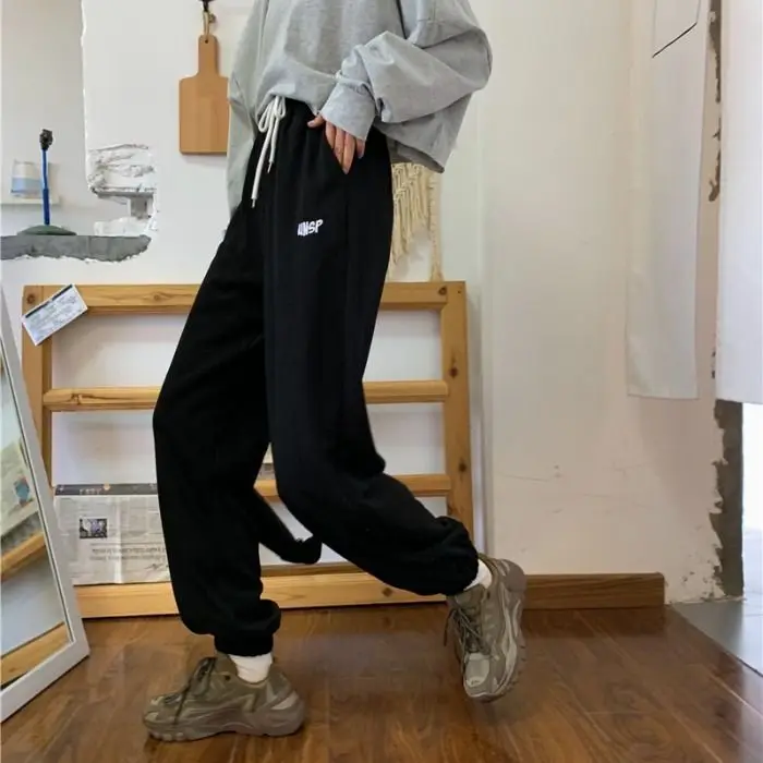 Trendy Grey Sports Pants Women Summer Loose Cuffed Drawstring Large Size Harlan Slim Lantern Sweatpants High Waist Long Pants