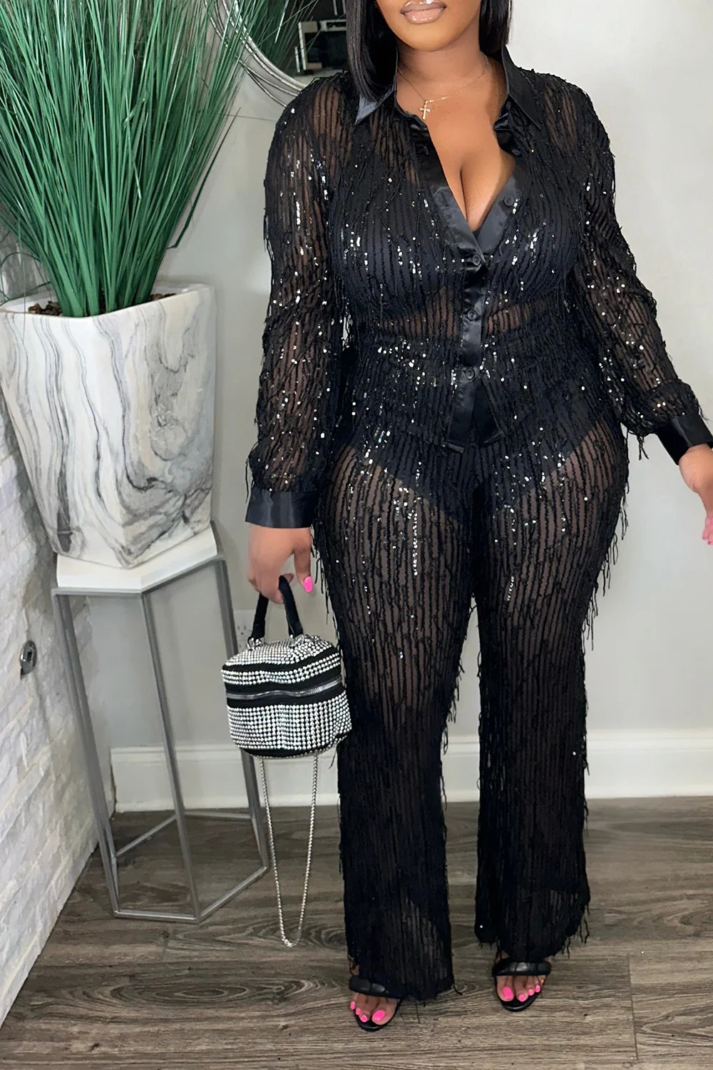 Plus Size Party Pant Sets Silver Fall Winter Shirt Collar Long Sleeve Strappy Sequin Two Piece Pant Sets