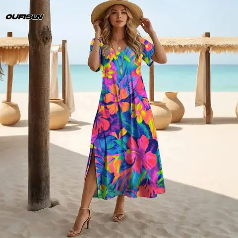 Summer Women's V-neck Dresses A-line Hawaiian Dresses Short Sleeve Long T-Shirt Floral Pattern Tropical Print 2025 New Clothing