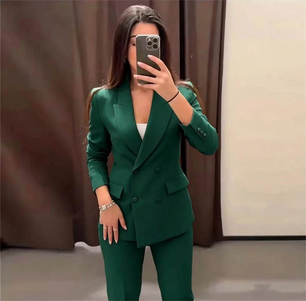 Yellow Blazer Coat Pants Sets 2 Pcs Women Double Breasted Notched Jacket Straight Trousers Suits Female Commute Outfit view 3