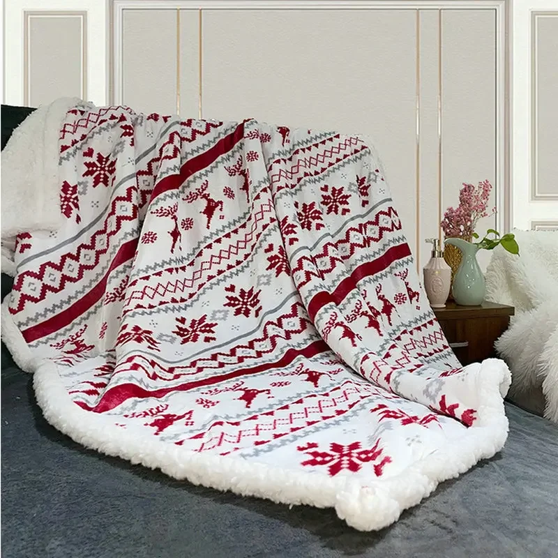 

Thicked Elk 3D Printing Flannel Blanket Merry Christmas throw blanket Soft Warm Sherpa Double Layer Fluffy Snowflake Blanket