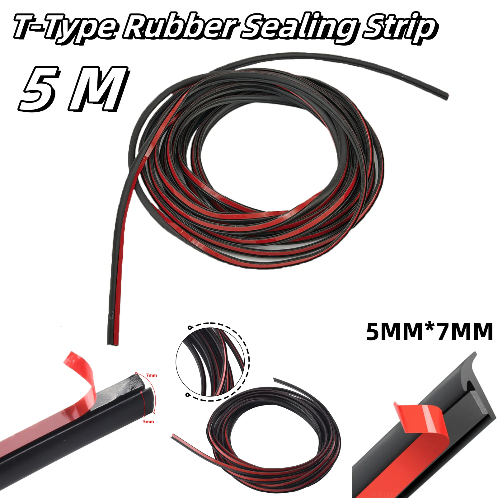 Car Rubber Sealing Strip 5m Small Slanted T-Type Automobile Seal Rubber Weatherstrip Flare Arch Trim 5mm*7mm