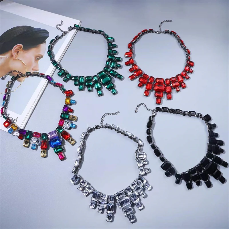 

2022 Fashion Full Rhinestone Choker Necklaces for Women Fringe Geometric Crystal Necklaces Statement Jewelry Party Gifts