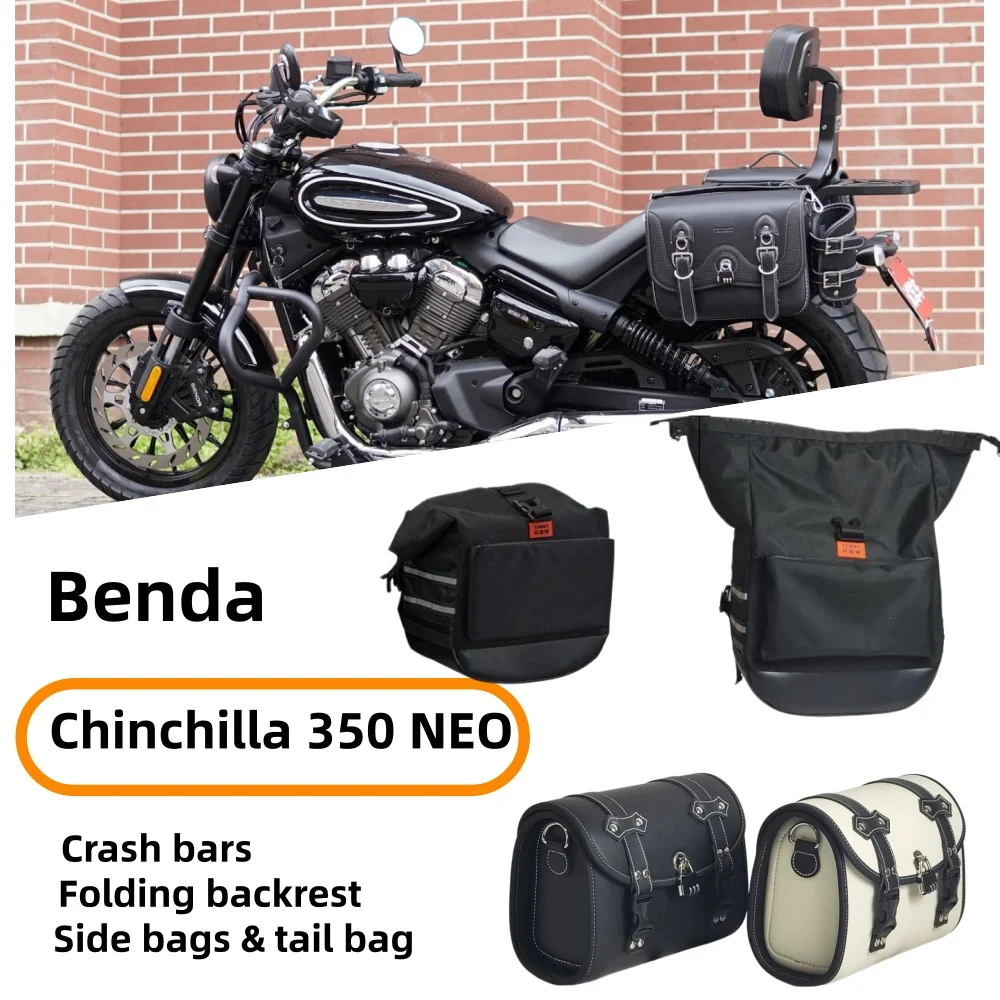 Accessories for Benda Chinchilla 350 NEO: crash bars, folding backrest, side bags, tail bags/cases, and rear luggage rack.