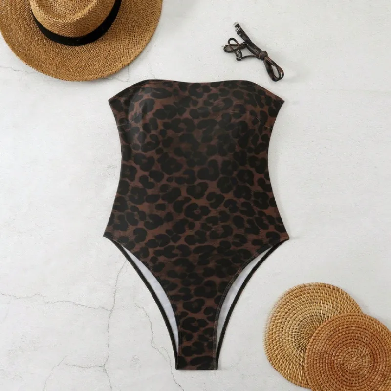

sexy leopard print bandeau swimsuits one piece bodysuits bikinis bathing suit swimwear beach outfits biquini tankini trikini