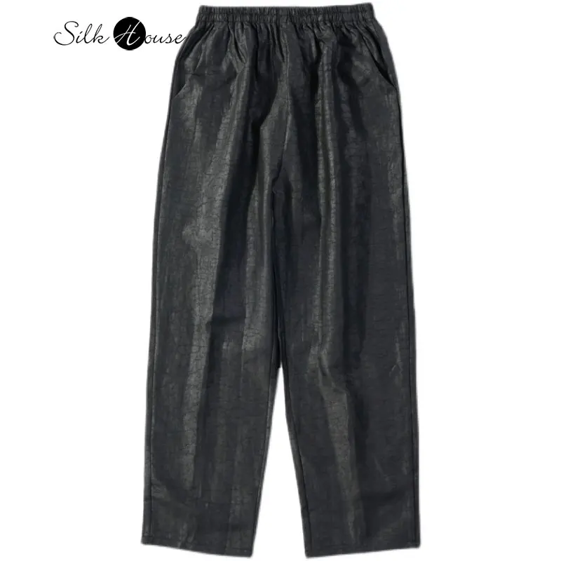 Silk Turtle Cracks Xiangyun Gauze Straight Pants Silkworm Anise Black Versatile Pockets Women's Fashion Casual Pants