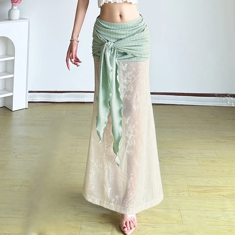 

Spring/summer lace personality lace-up half skirt women holiday style color contrast low waist perspective A-line skirt
