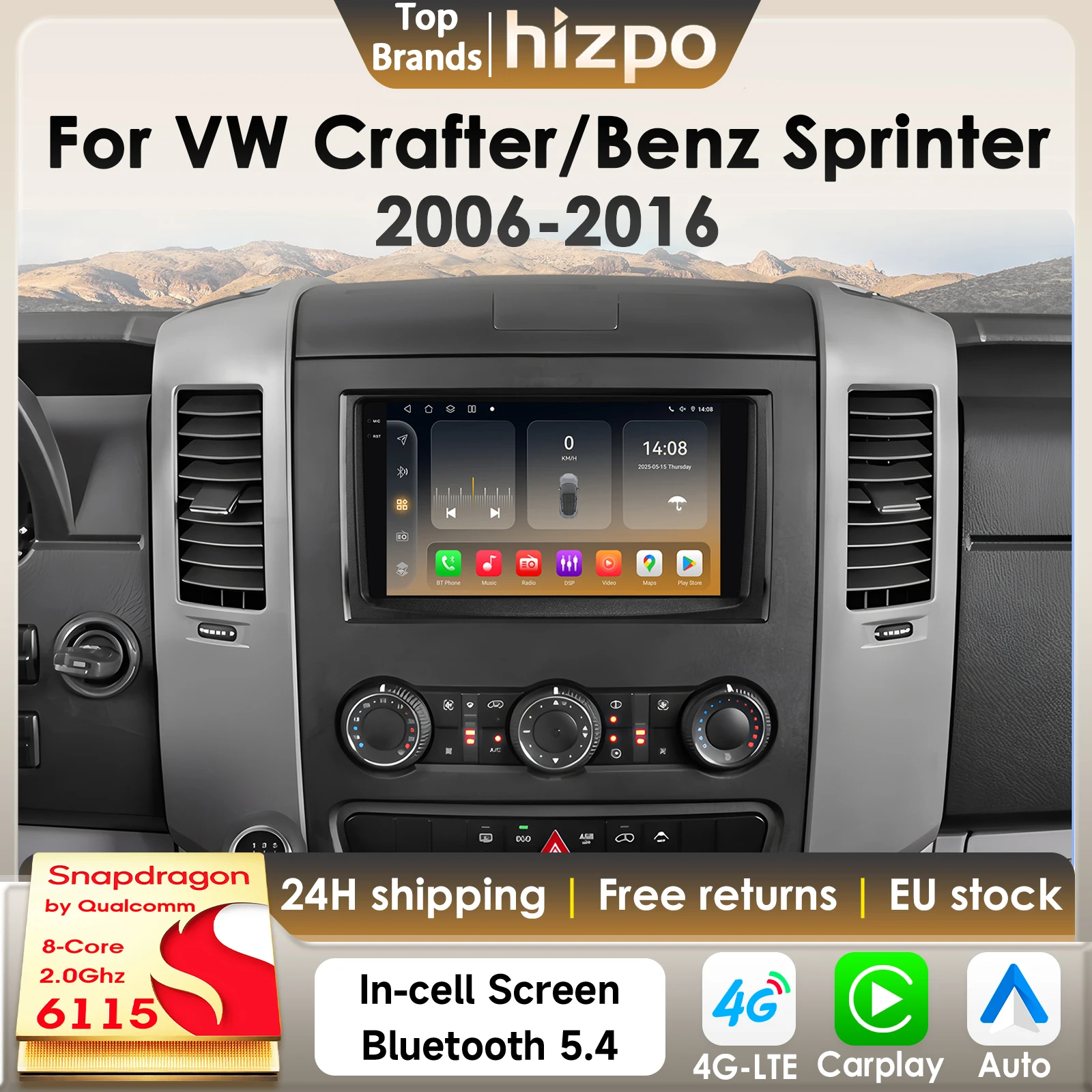 Hizpo Snapdragon Android 14 Autoradio Für VW Crafter für Benz Sprinter 2006-2016 Drahtlose Carplay Android Auto 4G WIFI6 BT5.4