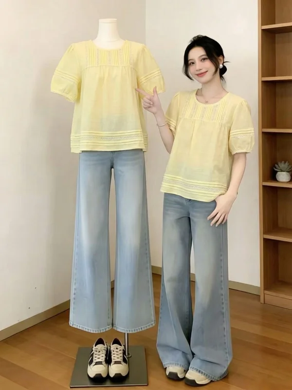 

Dopamine Yellow Short Sleeve Shirt Women's plus Size Summer New Style Big Doll Shape Korean Style Loose Fit round Neck Top