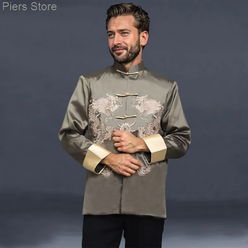 2025 Chinese traditionele feniks bedrukte kleding draak Tang pak kleding heren geborduurd festival bruiloft jas met lange mouwen