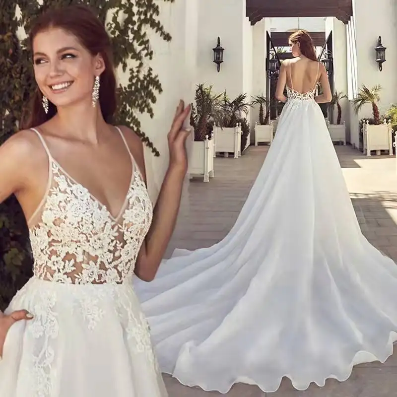 

VENSANAC Boho Backless V Neck Sweep Train Wedding Dresses Spaghetti Straps A Line Lace Appliques Bridal Gown