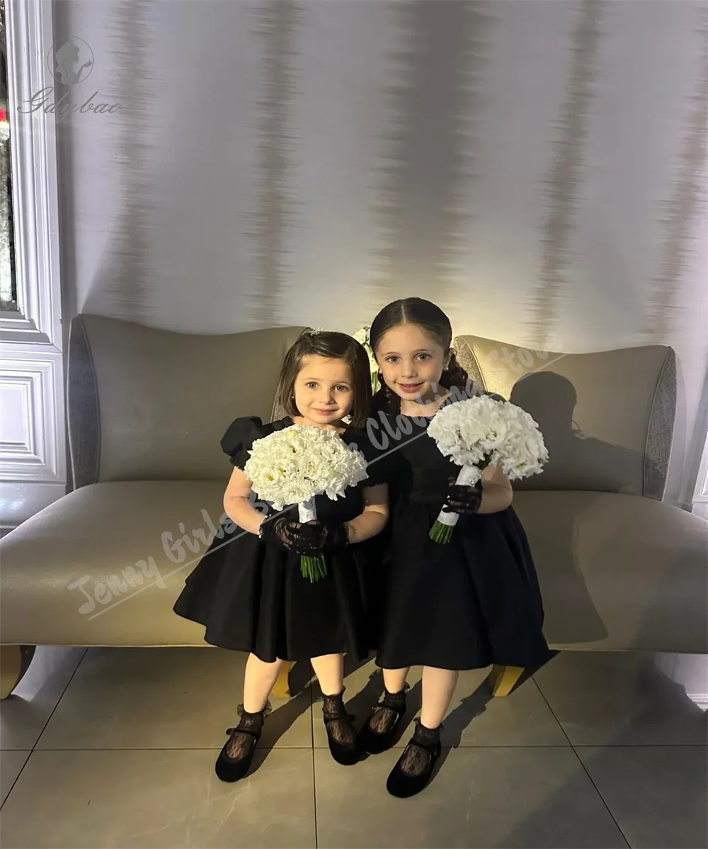 Black Lace Neckline Cute Girl Party Dress With Puff Short Sleeves Knee-length Children's Birthday Event Dress Customizable