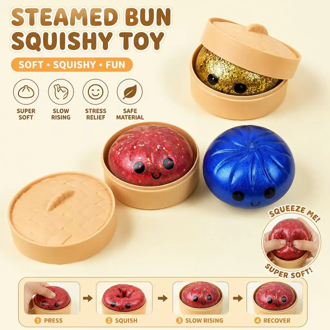 

Simulated Xiaolongbao powder decompression kneading music slow rebound soft glue vent toy desktop decompression display for children and adults