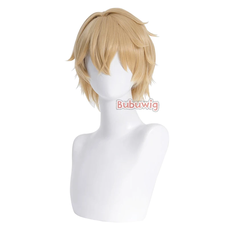 Bubuwig Rambut Sintetis Wig Cosplay Getard Honkai: Star Rail Getard 30Cm Wig Pria Pirang Lurus Pendek dengan Topi Tahan Panas