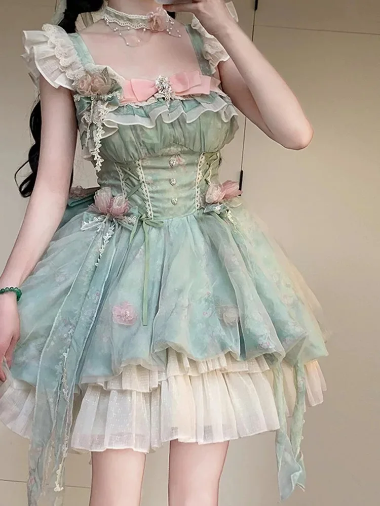 Abito da festa di compleanno verde chic coreano donna estate nuova vita dolce abiti corti sottili abiti Lolita fata dei fiori giapponese 2025