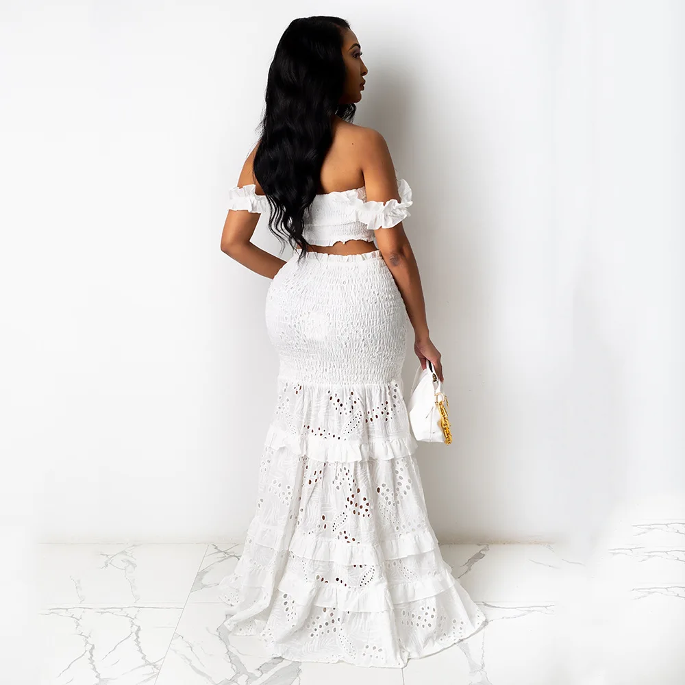 2025 New Women's Color Half With Fish Tail And Hip Wrapping Two Piece Set, Waist Exposed Lace Long Skirt