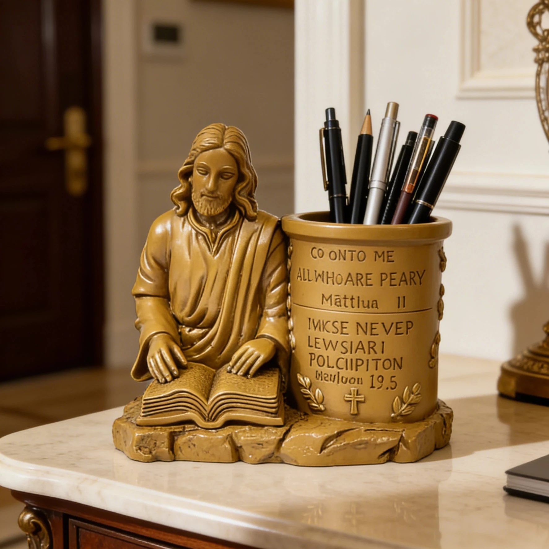 American-Style Retro Jesus Statue Integrated Pen Holder Desktop Ornament, Home Reading Corner Side Table Decoration, Psychological Counseling Studio Soft Decor Accessory, Religious Symbol Three-Dimensional Carving Craf