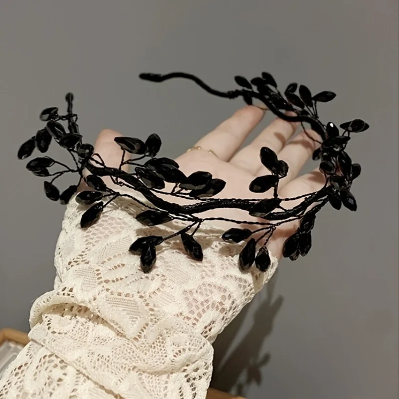 Black Rhinestone Flower Crystal Leaf Gift Handmade Fashion Hairband Tiara Bridal Wedding Hair Accessories Jewelry Hairband Tiara