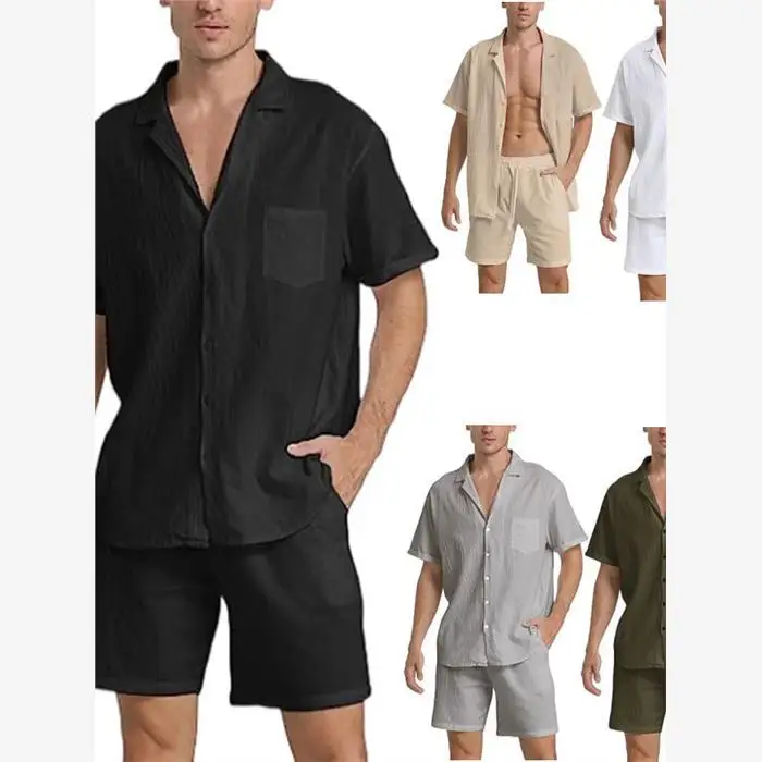 

Men's Summer Sport ort Sve orts Set Linen Material Comfortable Breathable Casual Wear for Young Men irt Sle Top