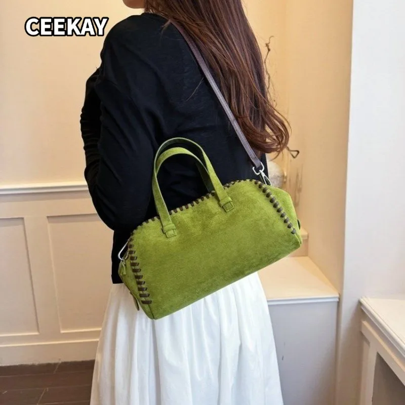 CEEKAY Women's Shoulder Bag Green Faux Suede Stitching Edge Detail Dual Handle Versatile Everyday Commute Casual Style