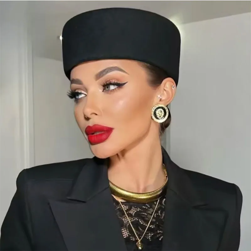 Flight Attendant Flat-top Pillbox Hat Women's 100% Wool Felt Sombrero Party Charming Hat Wedding Cocktail Party Medicine Box Hat