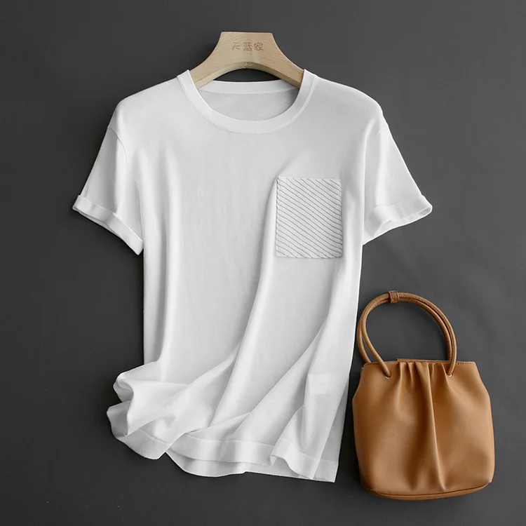 2023 Spring New Simple Light Luxury Knitted Shirt Short Sleeve T-shirt Women