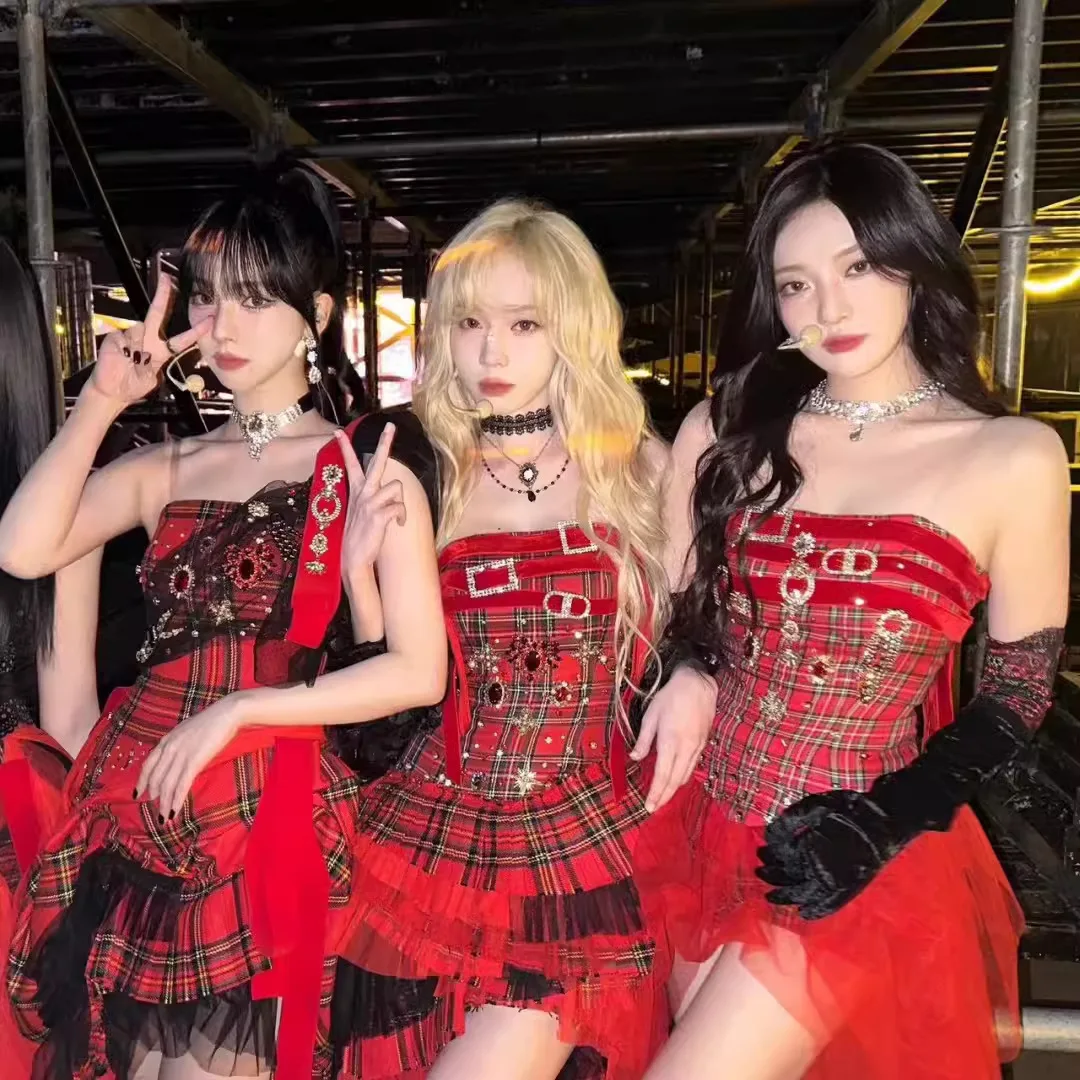 

Dancing costume, jazz dance, Korean dance, red plaid mesh, puff skirt, performance costume set