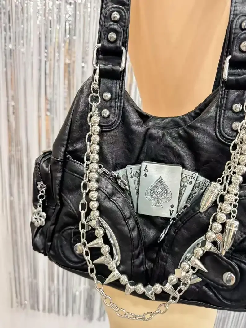 Punk Chain Shoulder Purse Motor Bag Black PU Leather Spade Studded Hobo Bag
