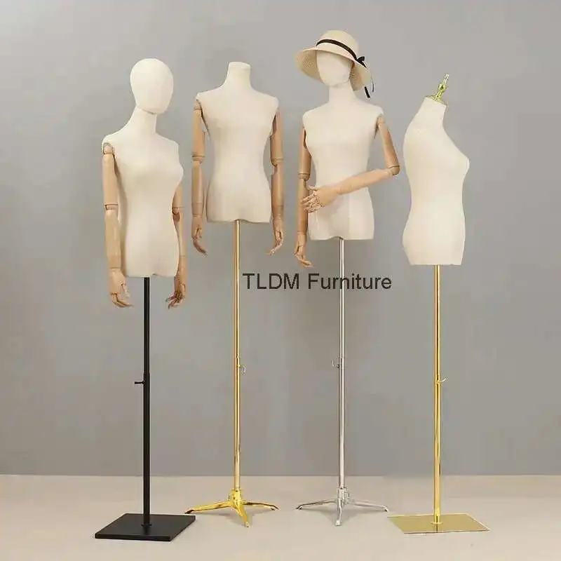 

Wooden Arm Cloth Cover Female Head Half Mannequins Metal Base Wedding Clothing Display Stand Adjustable Clothing Store Mannequin
