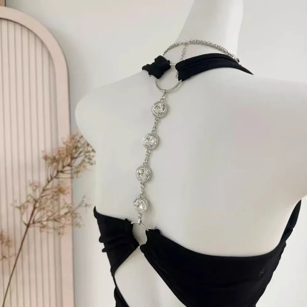 Rhinestone Decoration Hanging Neck Strap Camisole Slim Fit Black White Socialite Style Corset Versatile High-end Feeling