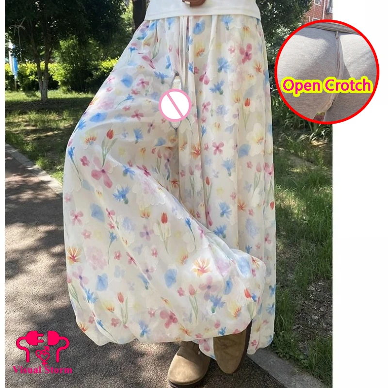 Women Floral Pattern Sexy Open Crotch Leggings Pants Hidden Zipper Ankle-Length Summer Trousers Crotchless Clubwear Panties
