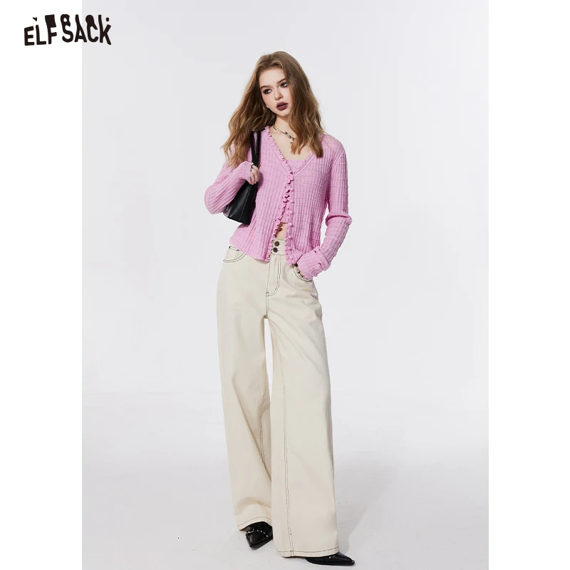 ELFSACK ruffle solid color knitwear cardigan for women 2024 spring new v-neck thin top offcie style pullovers cropped top