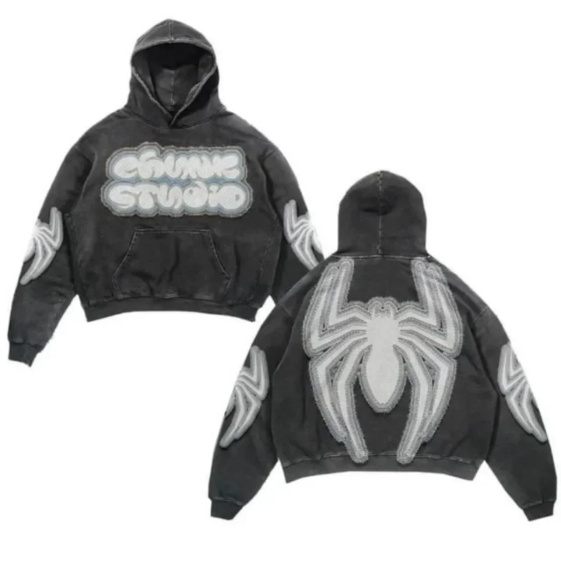 Harajuku 2024 Autumn New Spider Print Hooded Sweatshirt Street Hip-hop Retro Casual Oversized Y2k Hoodie Jojo Bizarre Adventure