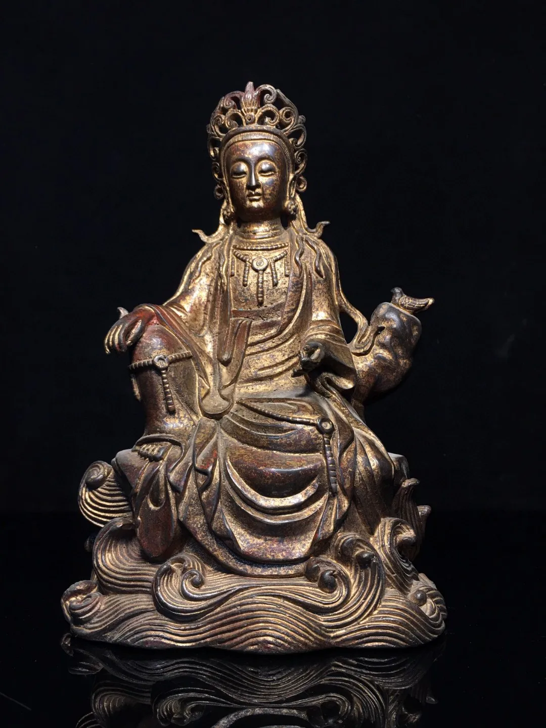 

Tibetan Brass Mud with Gold and Vermilion Sand Painted Free Avalokitesvara Bodhisattva Statue Decoration 25cm Home and Hall Supp